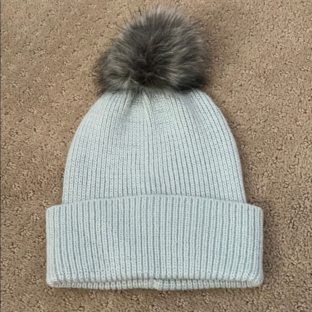 Light Blue Beanie with Gray Puff Ball